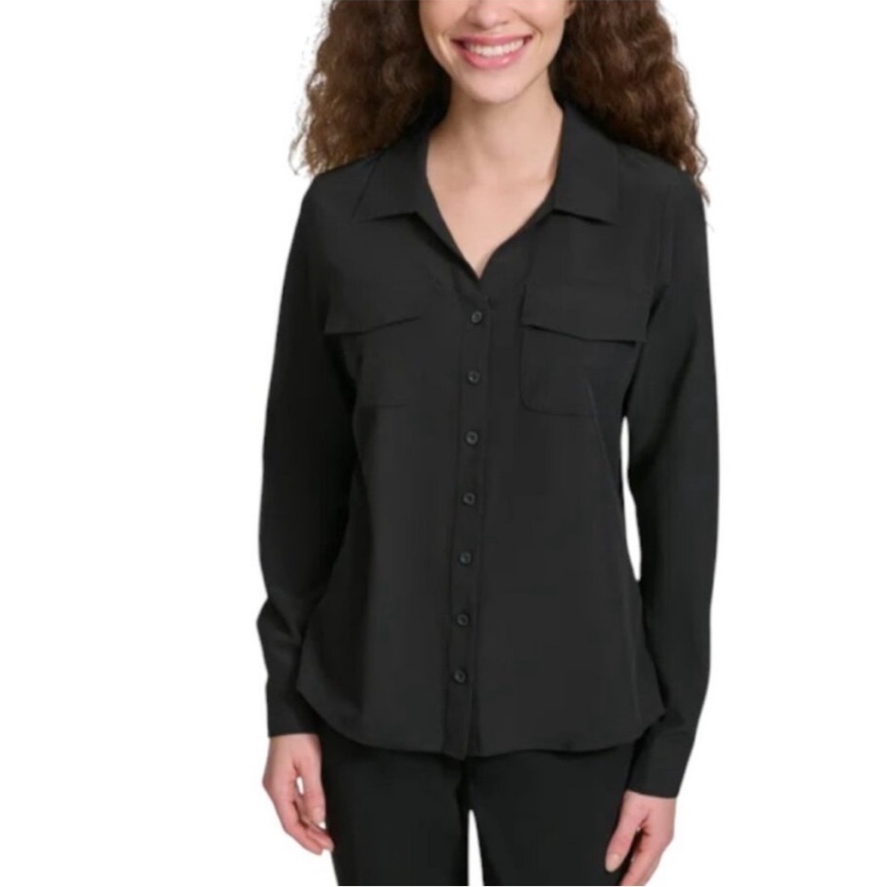 NWT Calvin Klein Stretch Button Down Blouse Black Small